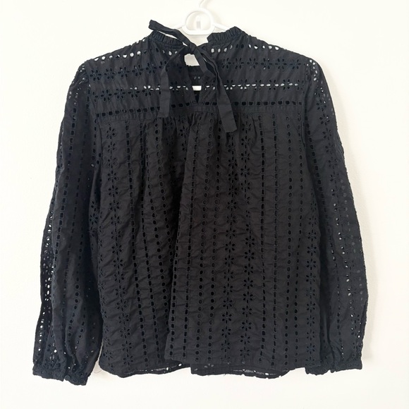 J. Crew Black Tie-Back Top in Ditsy Eyelet Long Sleeve Lined Size Medium - Picture 8 of 10
